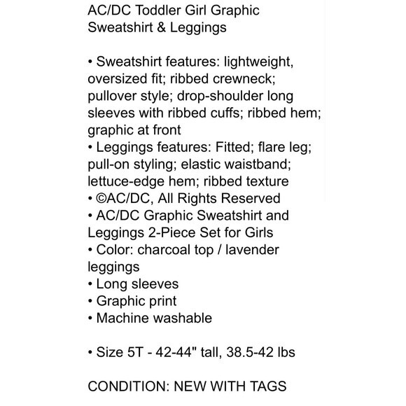AC/DC Toddler Girl Graphic Sweatshirt & Leggings Size 5T NWT 2 pc Set BTS - Picture 9 of 9